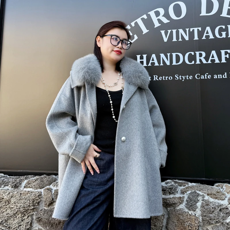 别格秀双面毛呢外套复古港风大码宽松中长款狐狸毛领秋冬微胖女装