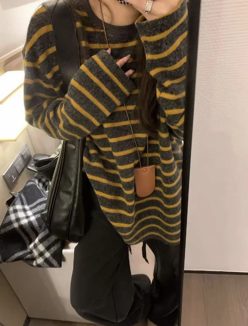 韩系氛围感条纹圆领t恤女秋冬加厚慵懒风宽松打底糯米绒软糯上衣