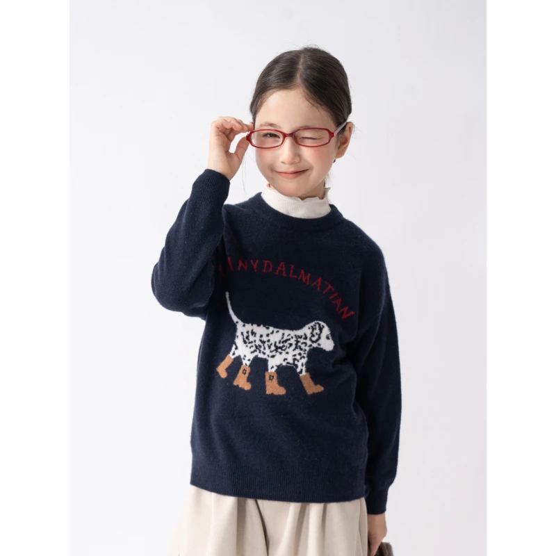 潘玲珑【100%羊绒】女童可爱狗系列圆领纯羊绒衫儿童毛衣套头百搭