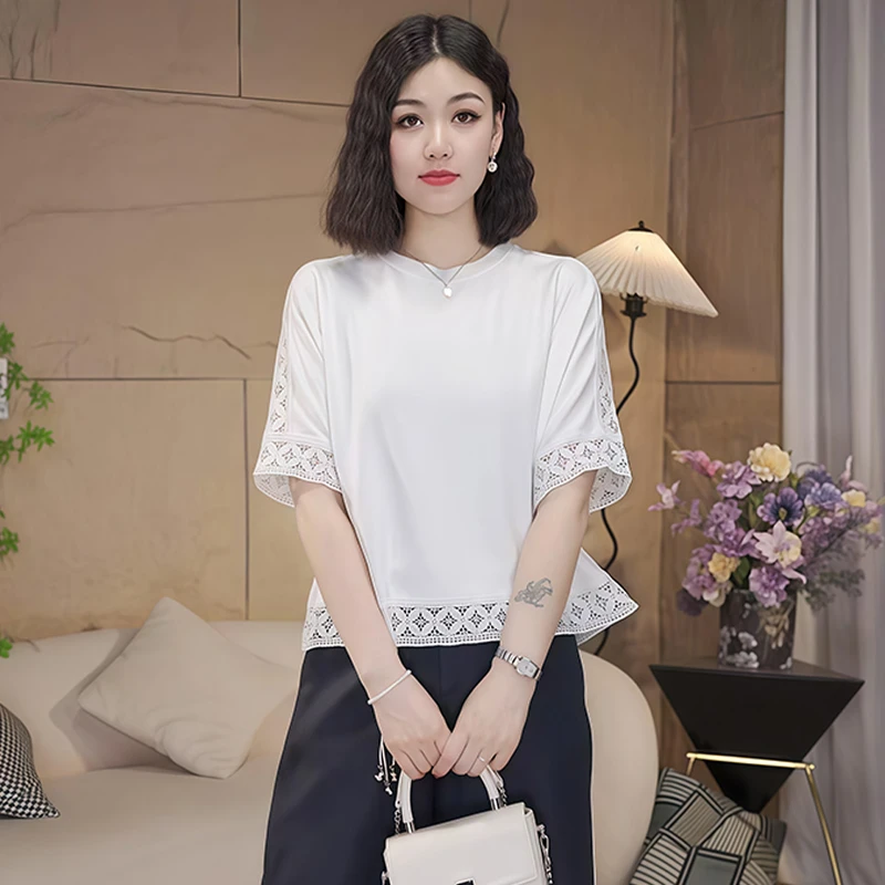 法式纯色镂空设计感圆领短袖衬衫女2025年夏季新款宽松遮肉上衣潮