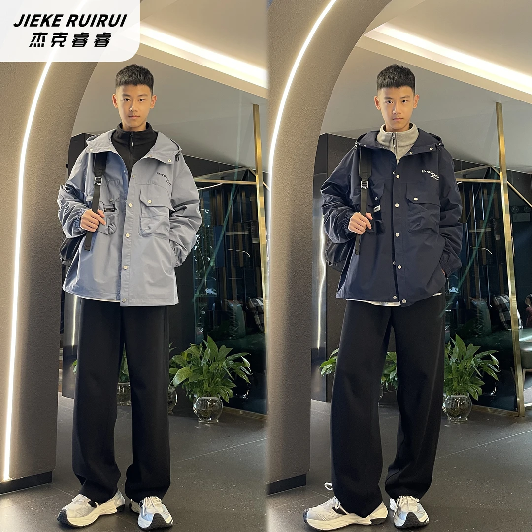 【现货-亲】秋季潮牌工装风连帽外套中大童亲子装小众外套杰克睿睿