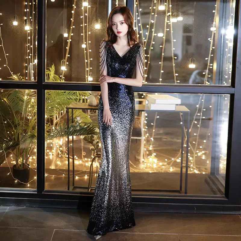 晚礼服女2025新款显瘦亮片流苏亮闪修身鱼尾裙成人礼主持人连衣裙