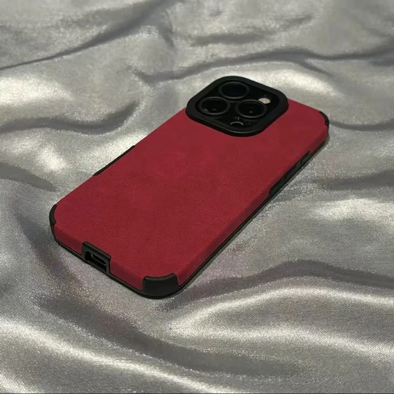 夕与空秋冬高级翻毛皮安可拉红适用苹果16手机壳华为vivo小米oppo