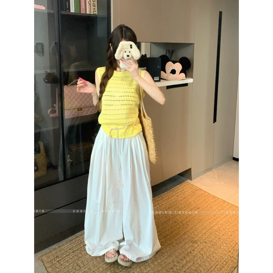 洋气衣服女设计感小众黄色镂空针织背心慵懒风宽松直筒裤短袖显瘦