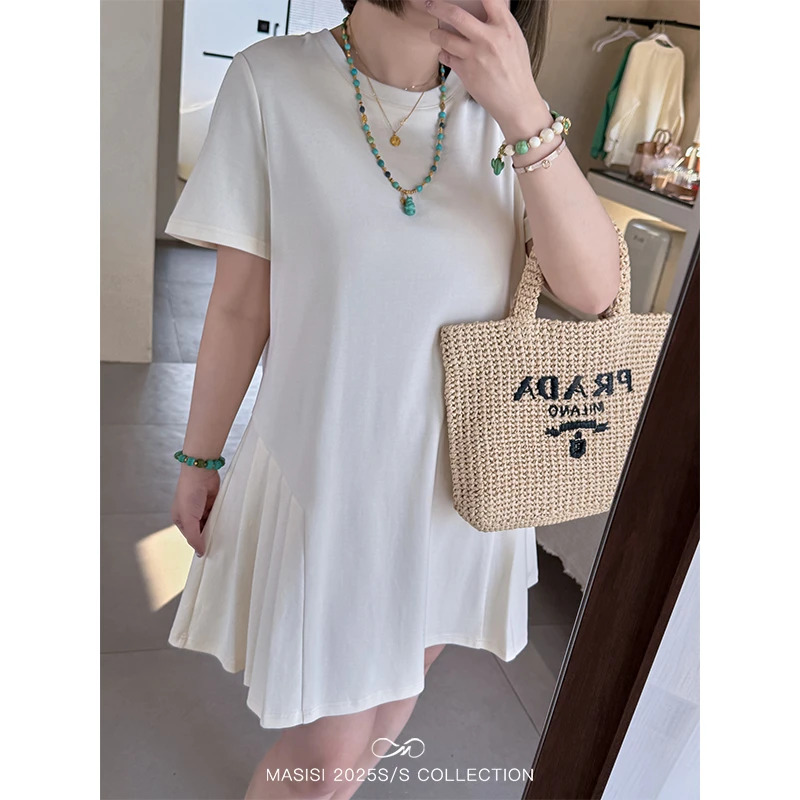 马西西大码女装春季微胖mm【自由街头】正肩圆领百褶T恤连衣裙