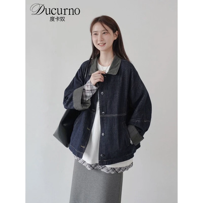 复古拼接水洗牛仔外套女翻领2025秋季新款韩系宽松休闲夹克上衣