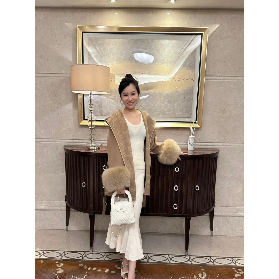 2025秋冬新款水墨印花双面羊绒大衣女中长款狐狸毛连帽羊毛呢外套