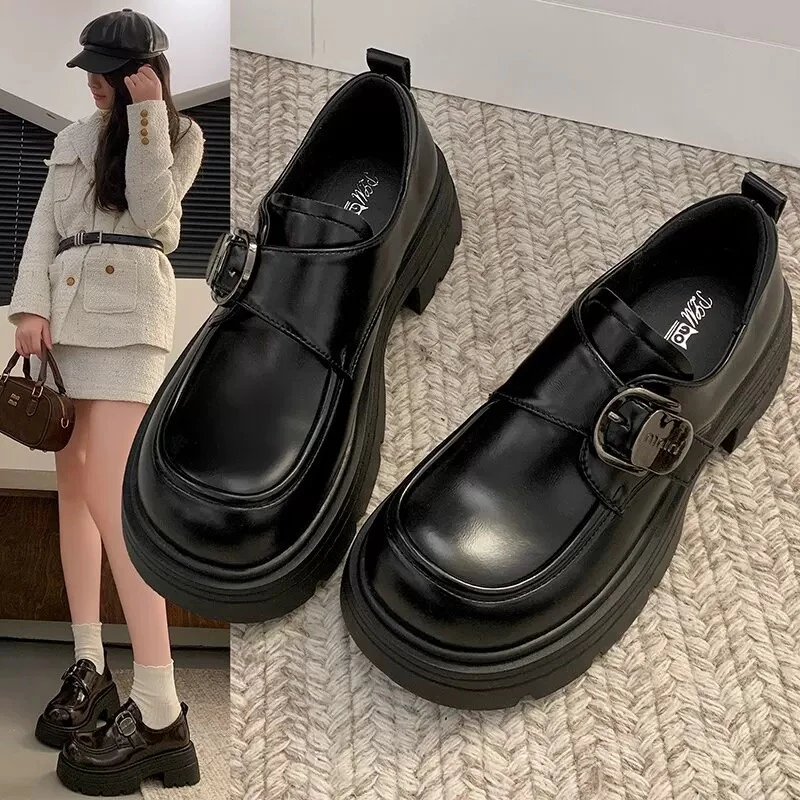 厚底乐福鞋女2025春季新款英伦风小皮鞋百搭魔术贴单鞋