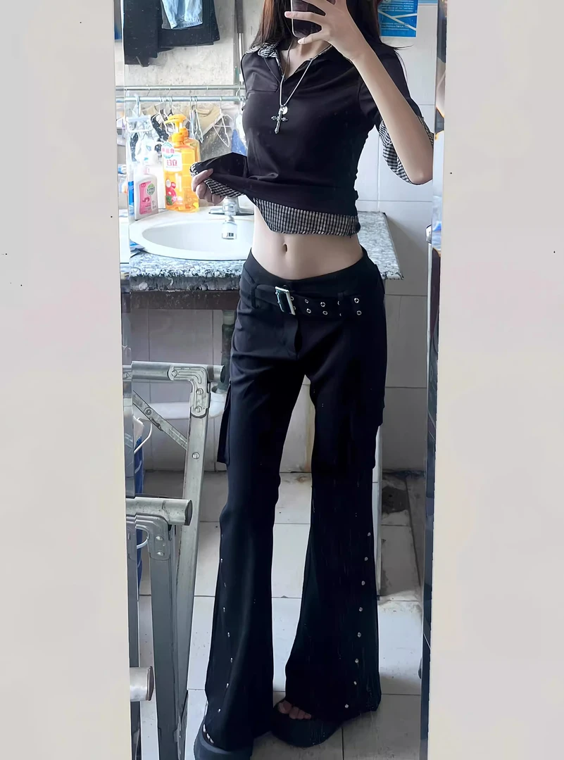 美式高街辣妹y2k千禧风铆钉装饰微喇叭裤女夏新款低腰显瘦拖地裤