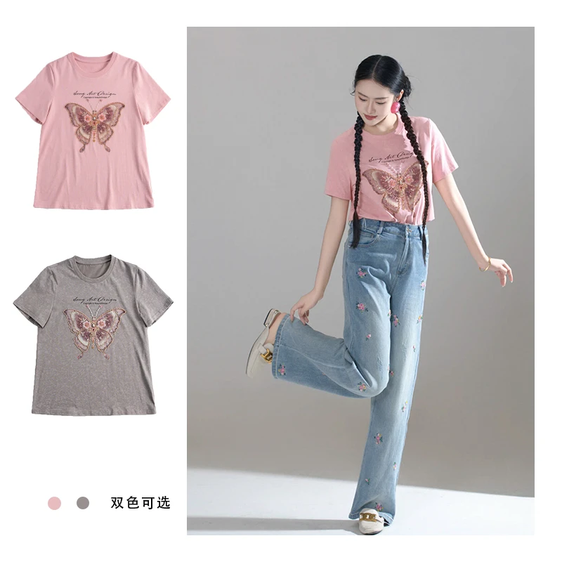 青娘子（桐悦）串珠印花春夏圆领时尚休闲百搭短袖套头T恤60465