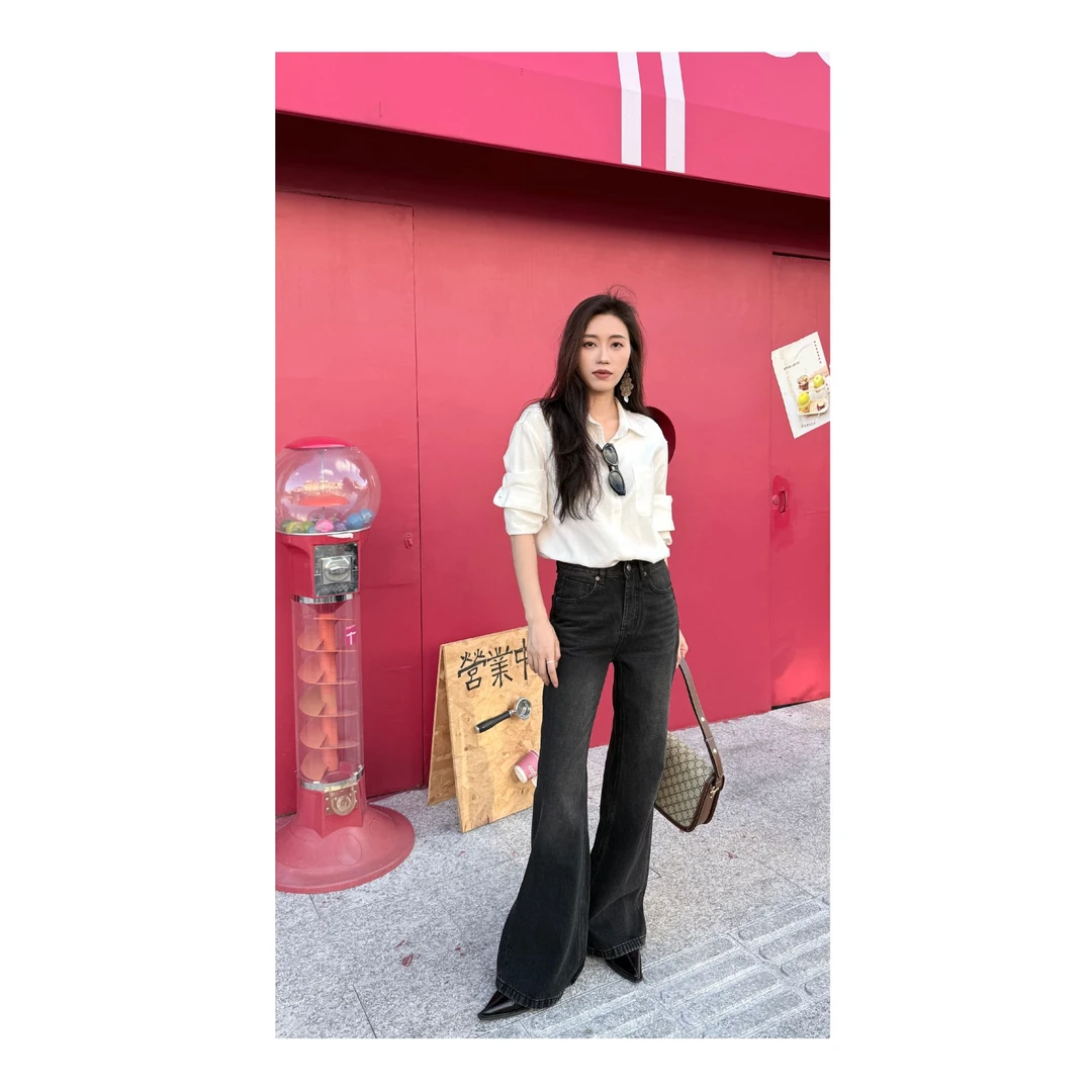 ADI爱典 直筒微喇牛仔裤女 超模裤纯棉磨毛微喇秋季新款显瘦