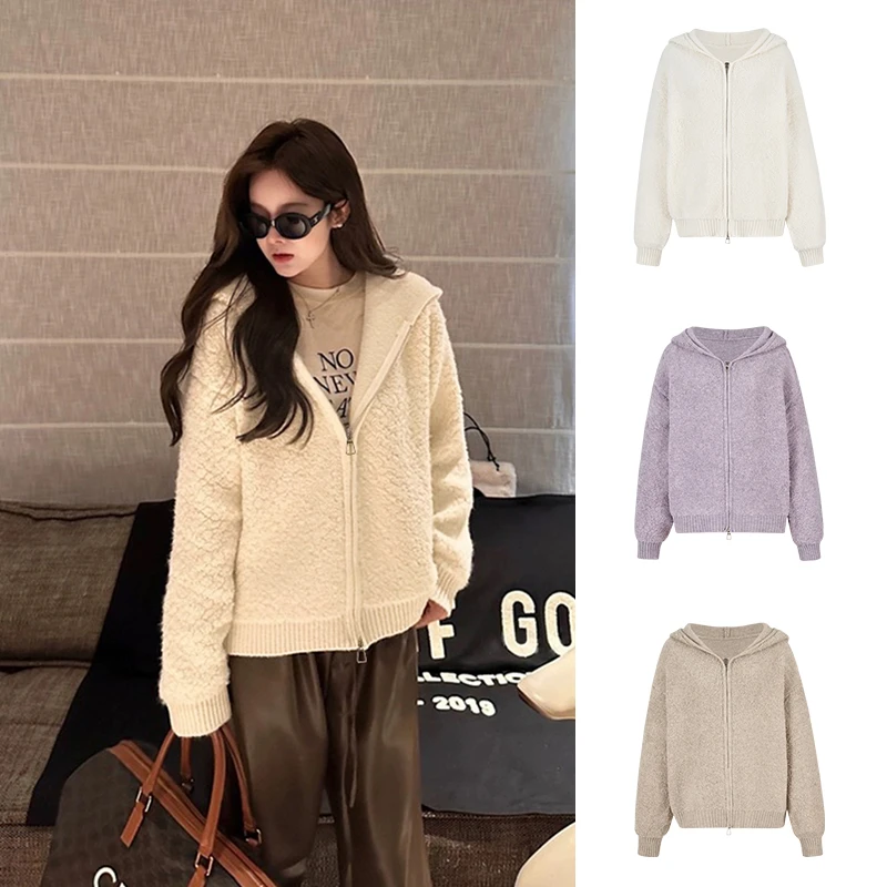 Moses Queen/魔西女王双拉链连帽开衫毛衣女宽松慵懒风羊羔针织衫