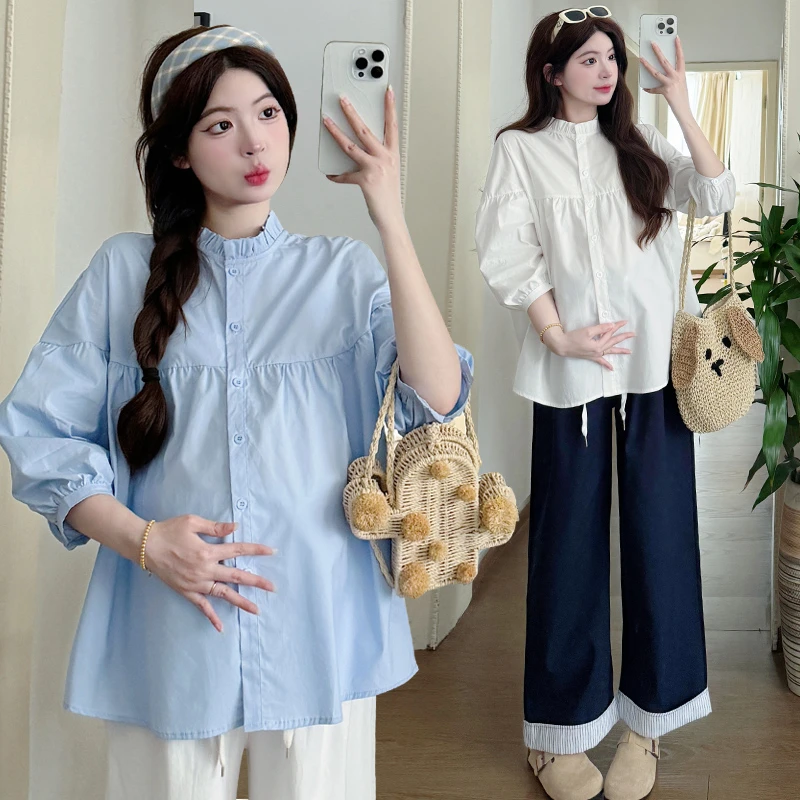 孕妇上衣洋气遮孕肚夏季白色衬衫女慵懒风套装薄款两件套2025新款