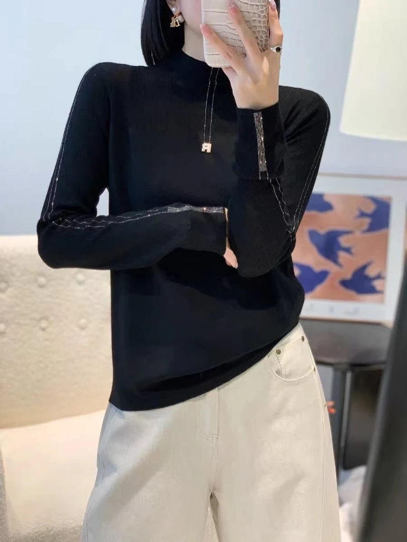 欧货气质优雅半高领针织打底衫女秋冬季新款柔软舒适烫钻毛衣7355