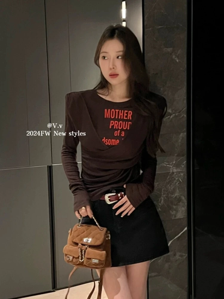 2024秋装韩版辣妹字母印花假两件长袖T恤女交叉设计感显瘦上衣