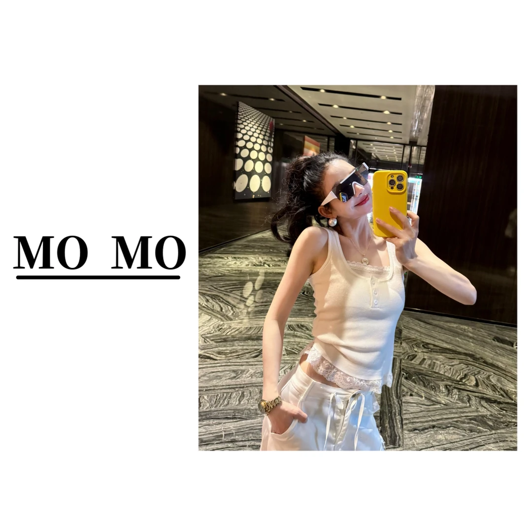 MOMO【辣妹拼接工字背心】2025新款蕾丝百搭无胸垫别致假两件打底女