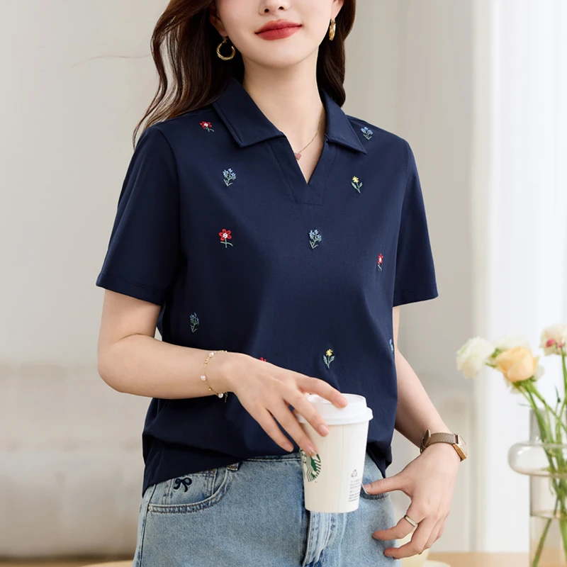 翻领短袖t恤女士2025年夏季新款POLO衫时尚休闲百搭半袖显瘦上衣