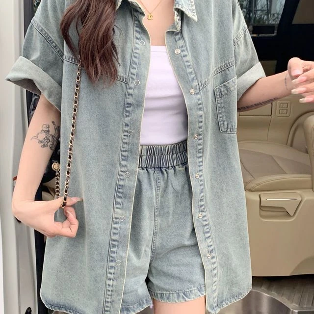 大码2024夏季牛仔女装胖mm复古短袖外套上衣显瘦气质短裤两件套装