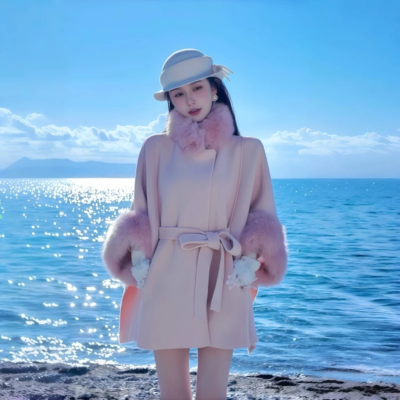 贵妇斗篷大衣毛呢外套防狐狸毛领外套中长款毛呢大衣小香风加厚冬