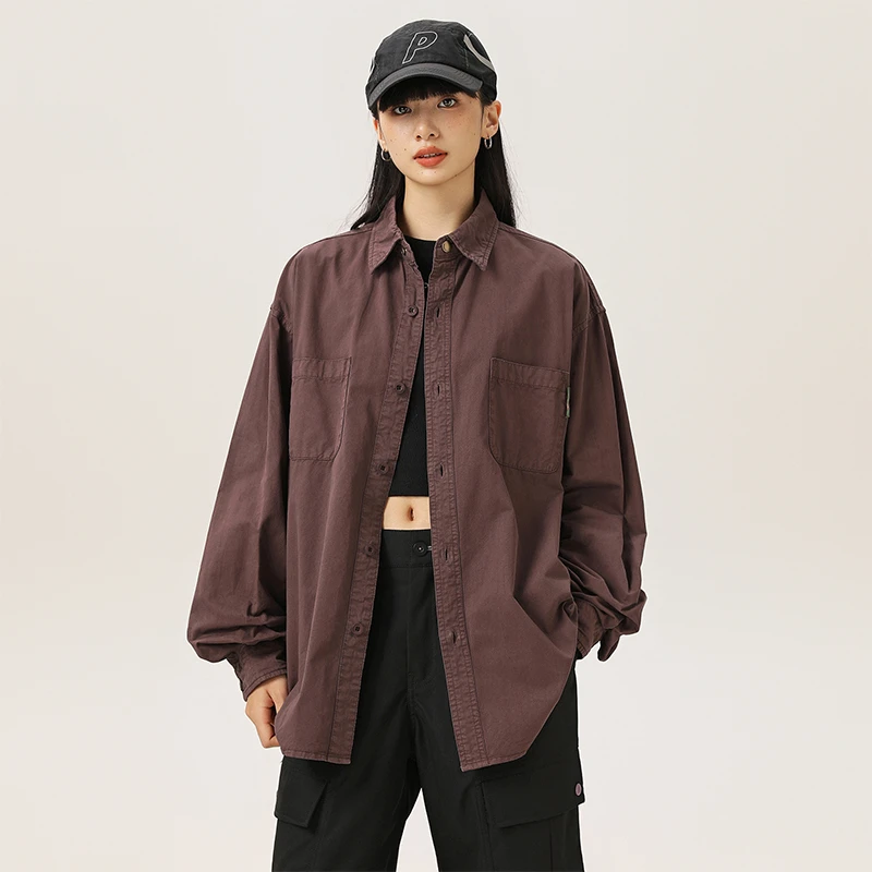 日系复古百搭休闲工装衬衫外套纯棉日常宽松做旧纯色经典长袖衬衣