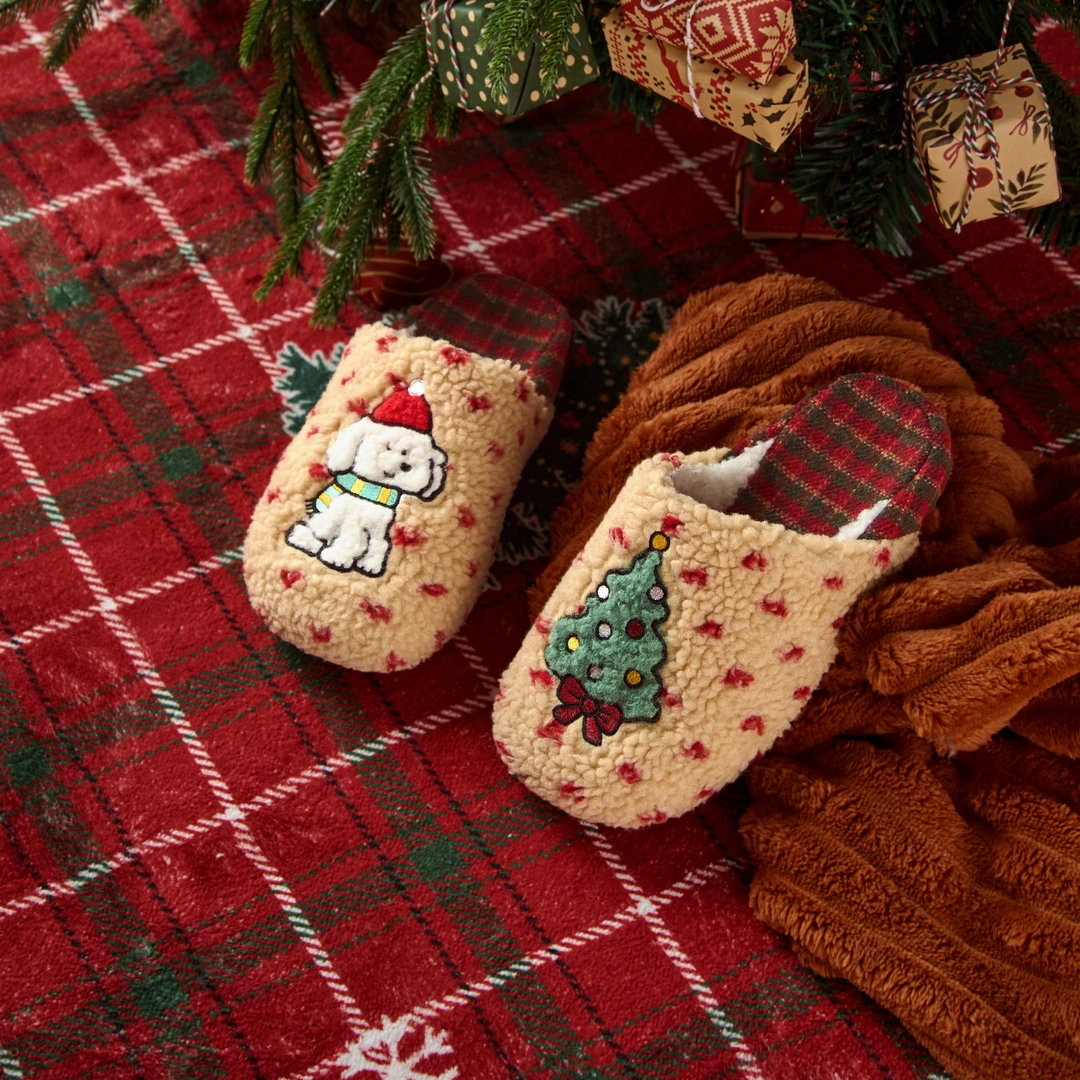 【圣诞限定】卡通狗狗刺绣加绒保暖盆底棉拖鞋冬季居家必备