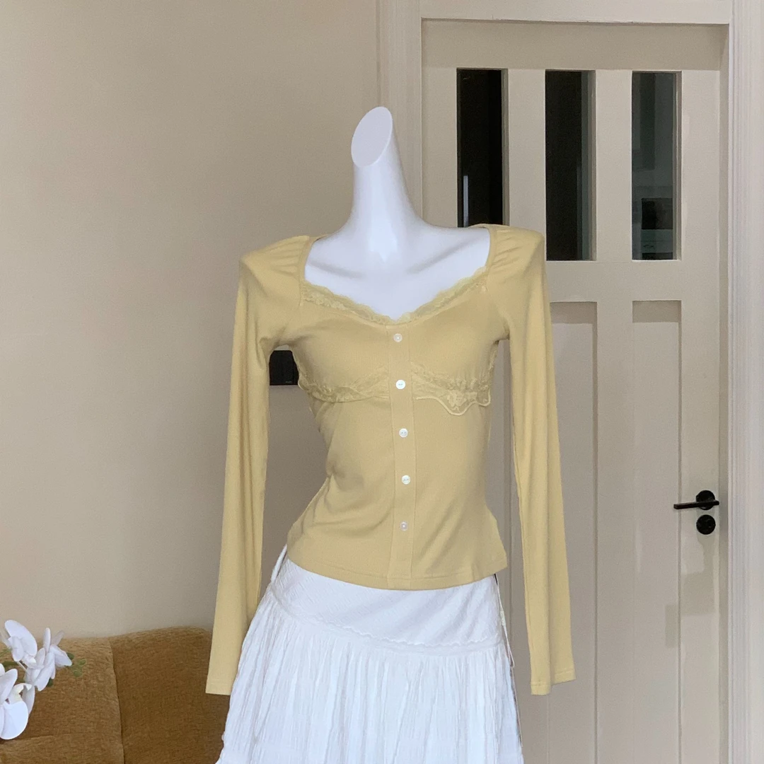 EIAEIA一尧蕾丝边方领修身长袖t恤法式打底衫上衣女2025年春款