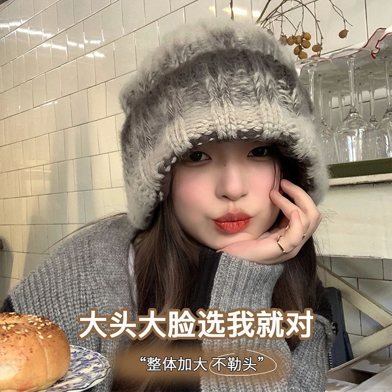 大头围粗线护耳针织帽加厚保暖毛线帽女秋冬季