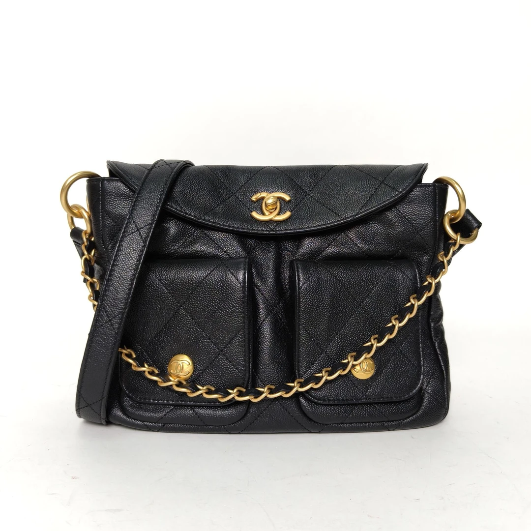 99新 Chanel/香奈儿 【黑黑】24P嬉皮Hobo邮差包 小号 黑色