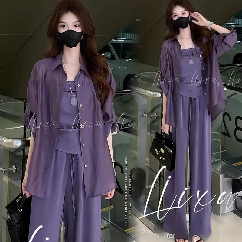 魅影休闲套装女夏季新款洋气防晒衬衫不规则吊带高腰阔腿裤三件套