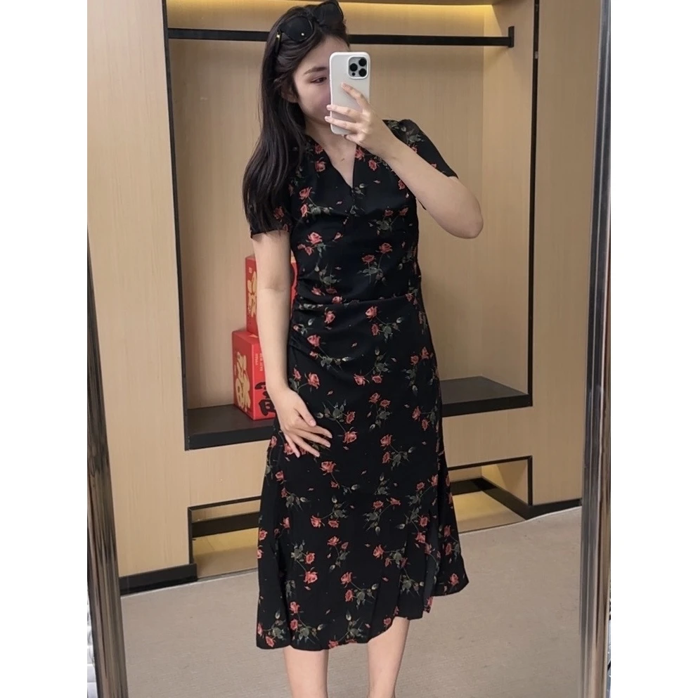 胖大大微胖定制~气质时尚法式浪漫玫瑰V领连衣裙 【LHC1378】