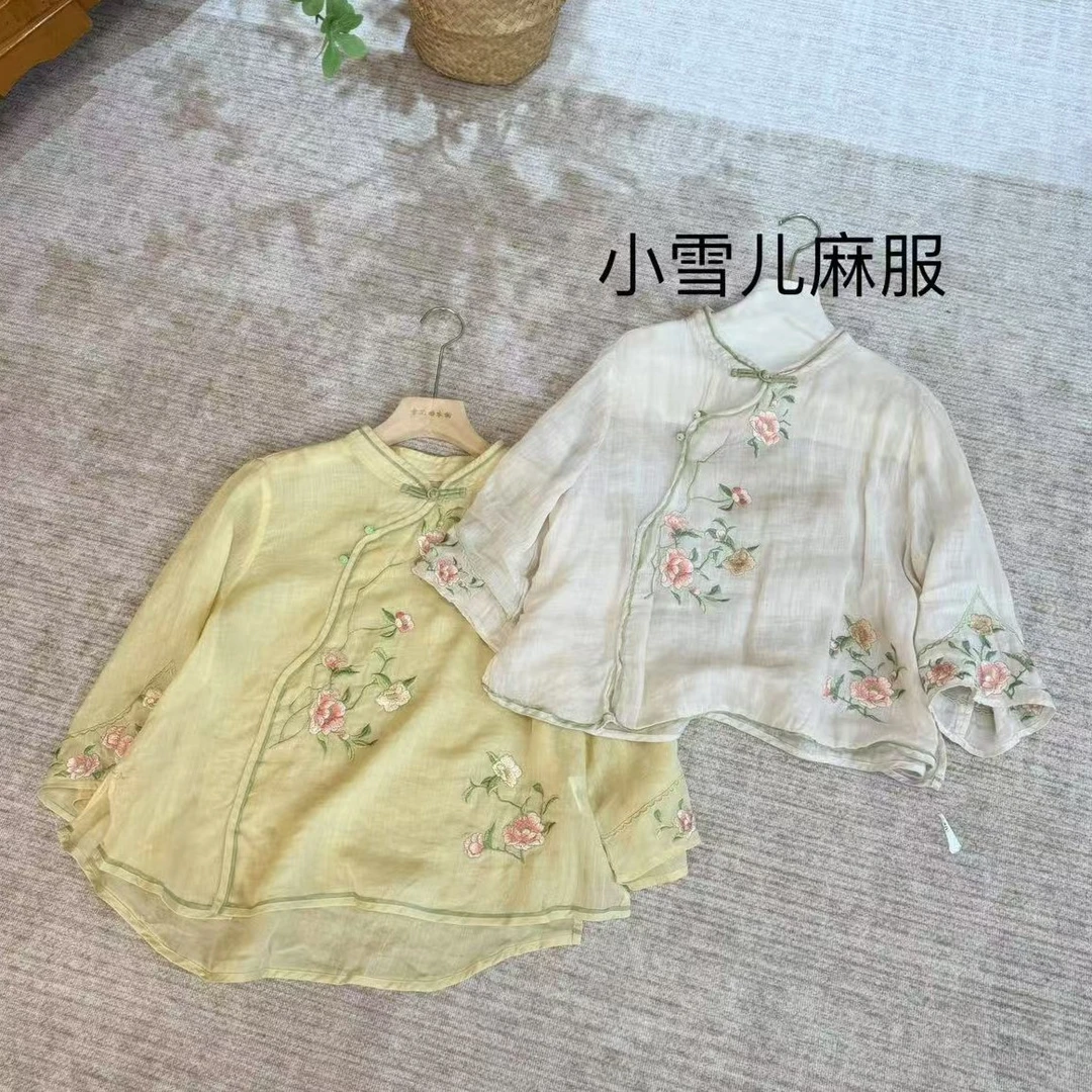 9823 国风盘扣刺绣苎麻衬衫女2025夏季新款时尚百搭长袖女士上衣