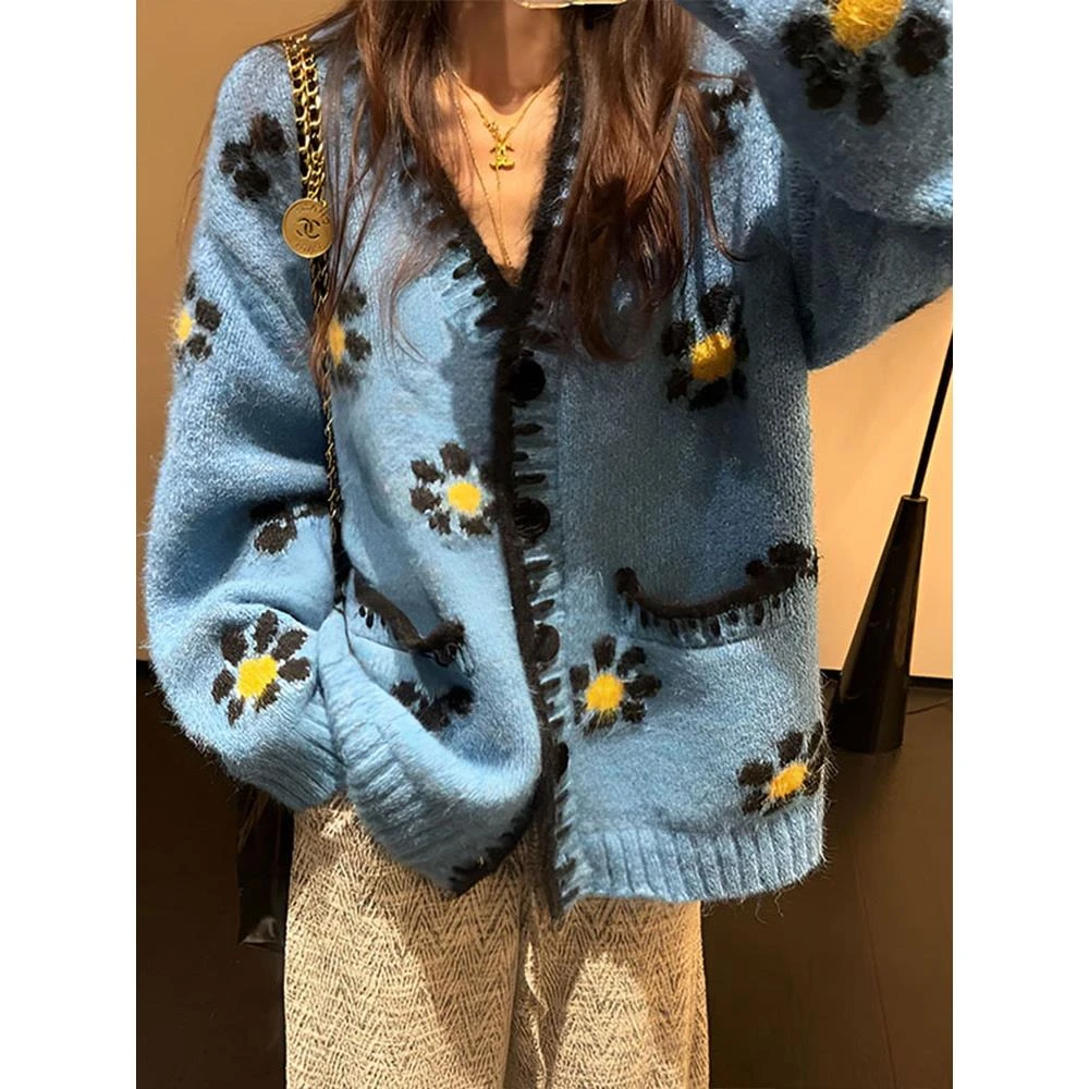 靖靖 花朵毛衣韩系宽松针织衫2025秋季新款蓝色撞色开衫时髦外套