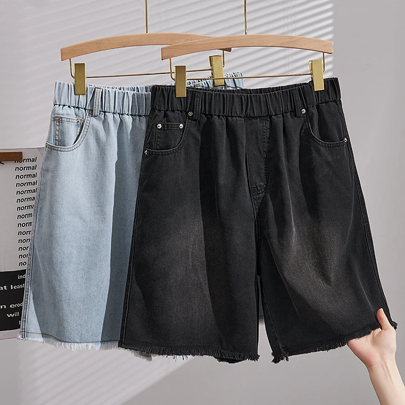 N4037大码女裤夏季新款休闲牛仔短裤加肥230斤胖MM宽松显瘦五分裤