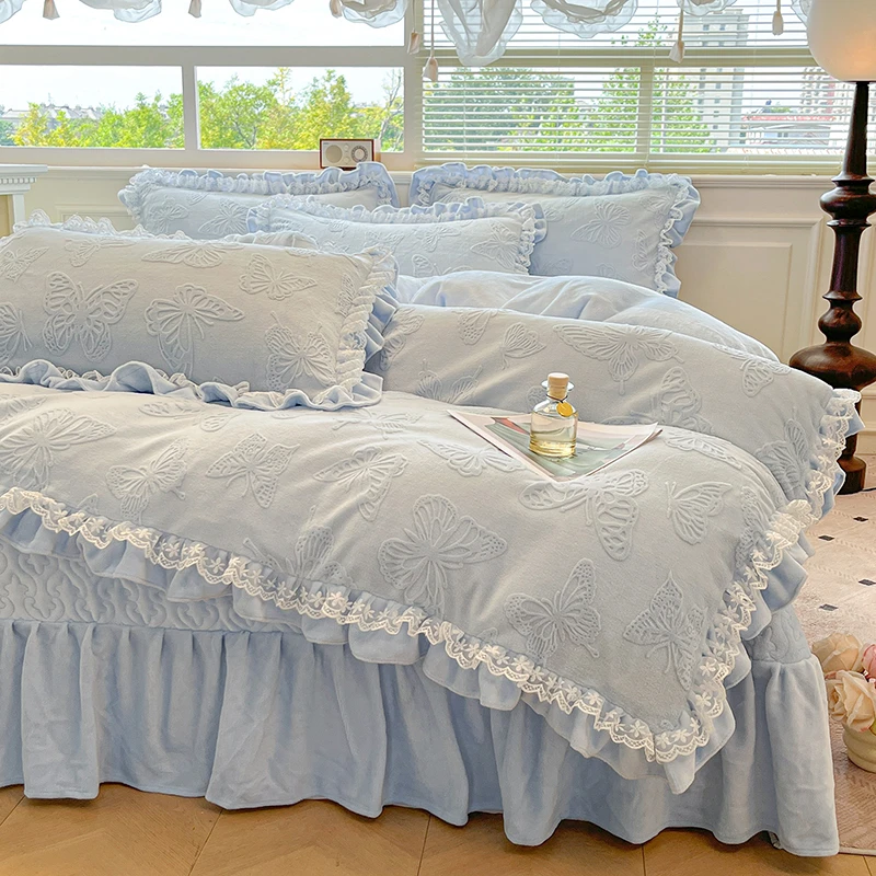 公主保暖床品四件套三层夹棉加厚床裙床盖牛奶绒被套冬季防滑床品