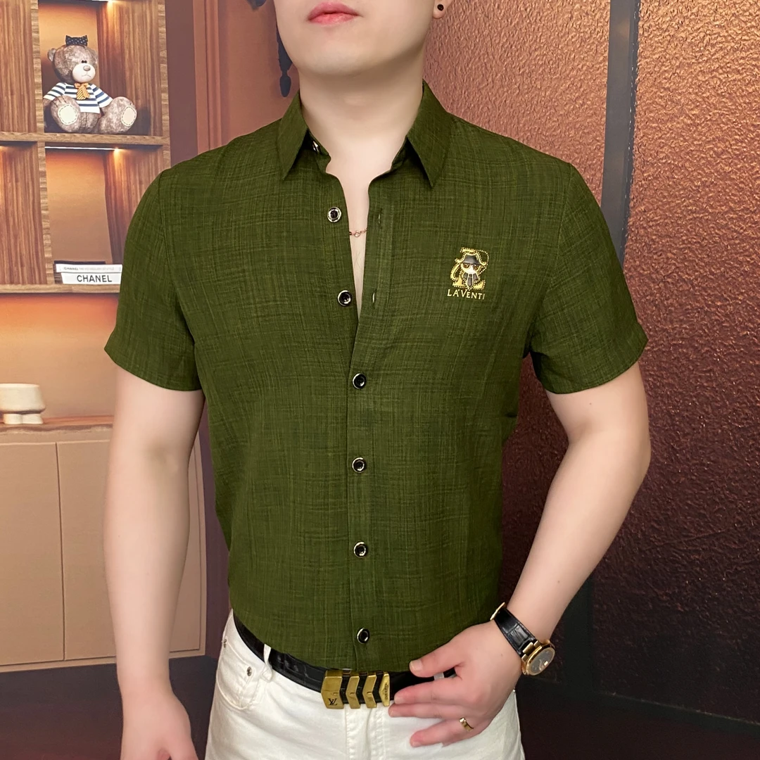 《绿色心情》2025夏棉麻衬衫男士短袖休闲百搭潮流薄款轻奢帅气商务