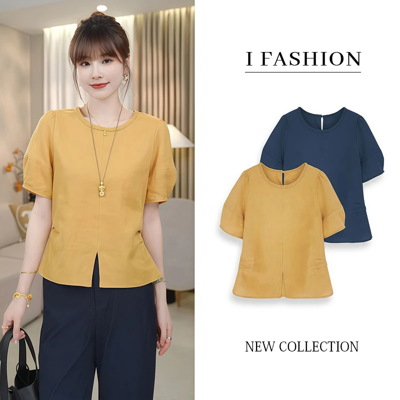 法式时尚减龄大气短袖衬衫女2025年夏季新款开叉设计感显瘦上衣潮