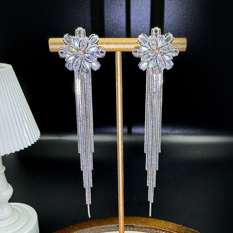 铜合金耳饰 超仙花朵耳环女优雅气质流苏长款耳坠时尚耳钉耳饰品