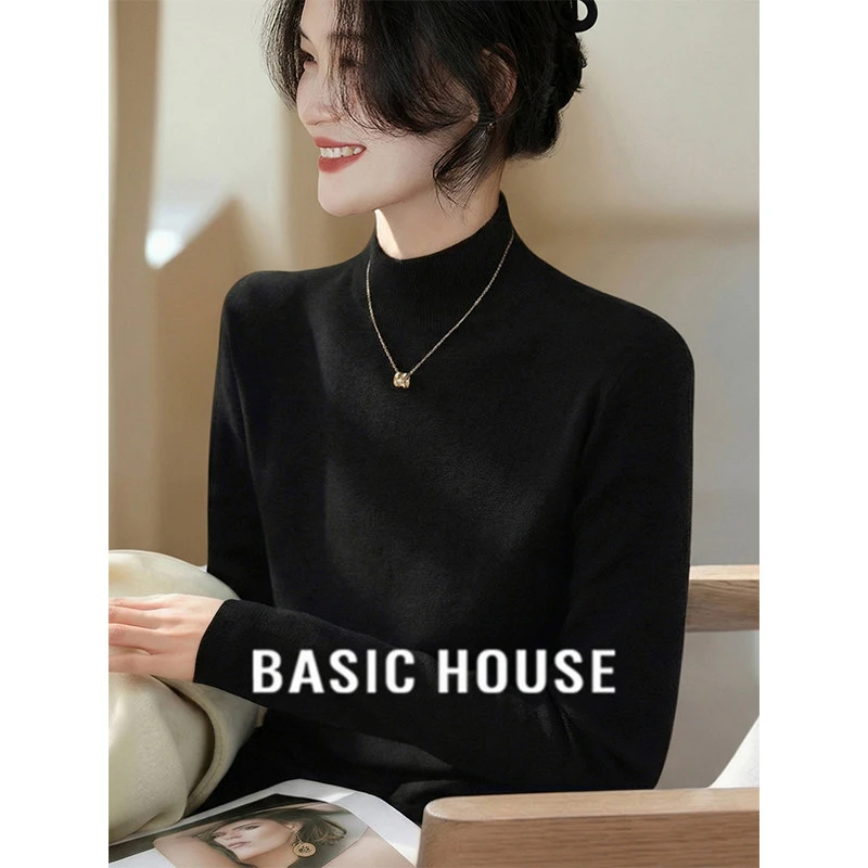 Basic House/百家好黑色半高领长袖针织衫修身内搭上衣女2025冬季