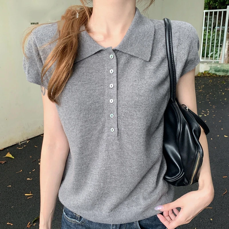梦优莱美式polo领纽扣设计针织衫女装夏季夏季修身小衫独特漂亮