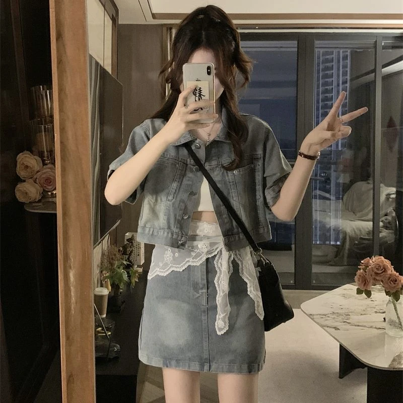 包包专属大码夏季新款港风翻领外套+半身裙+蕾丝腰帘三件套9879