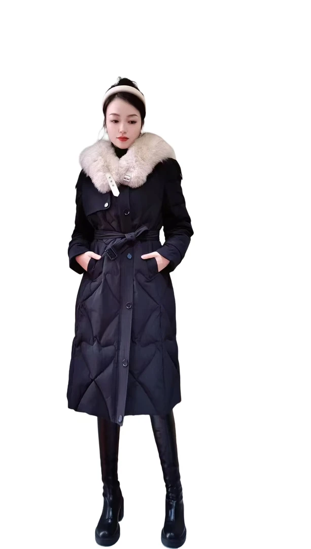 大翻领狐狸毛收腰长款羽绒服