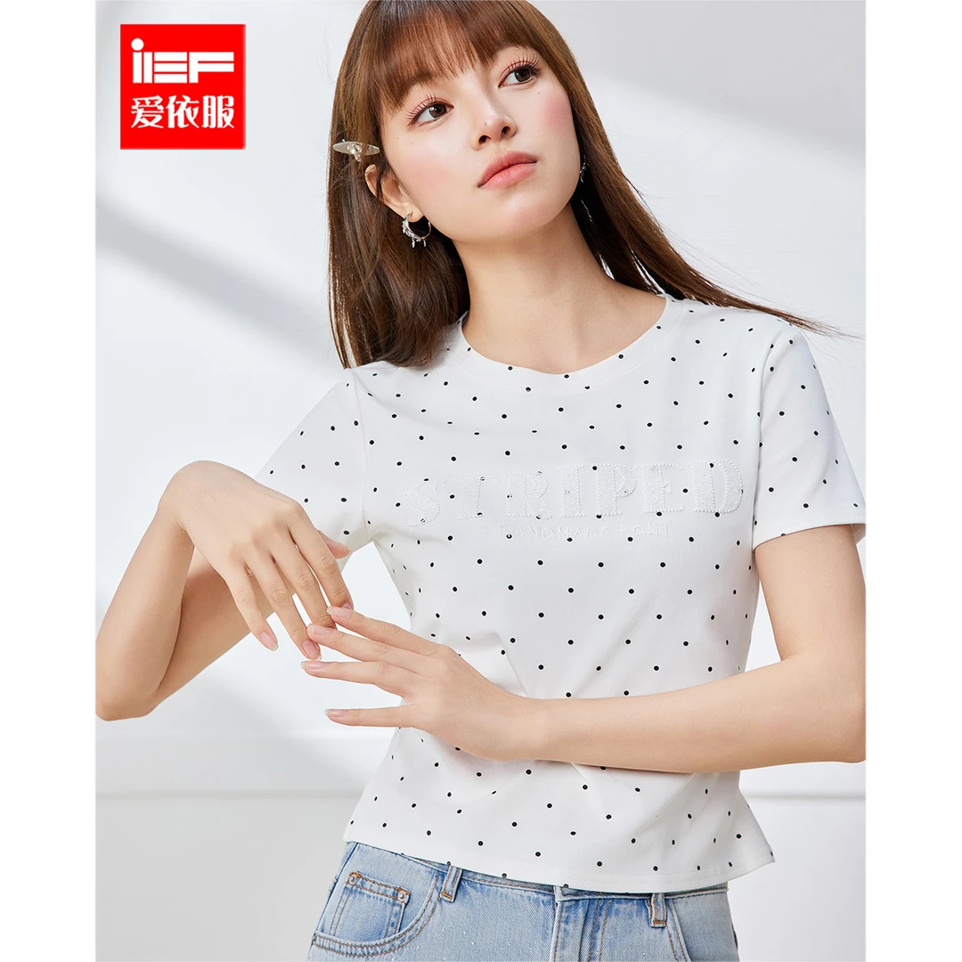 IEF/爱依服短袖上衣2025夏季新款法式温柔小女人气质波点设计T恤