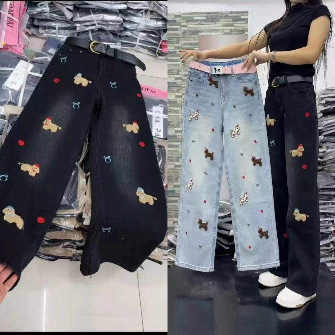 9808欧货厚料刺绣窄版牛仔拖地裤