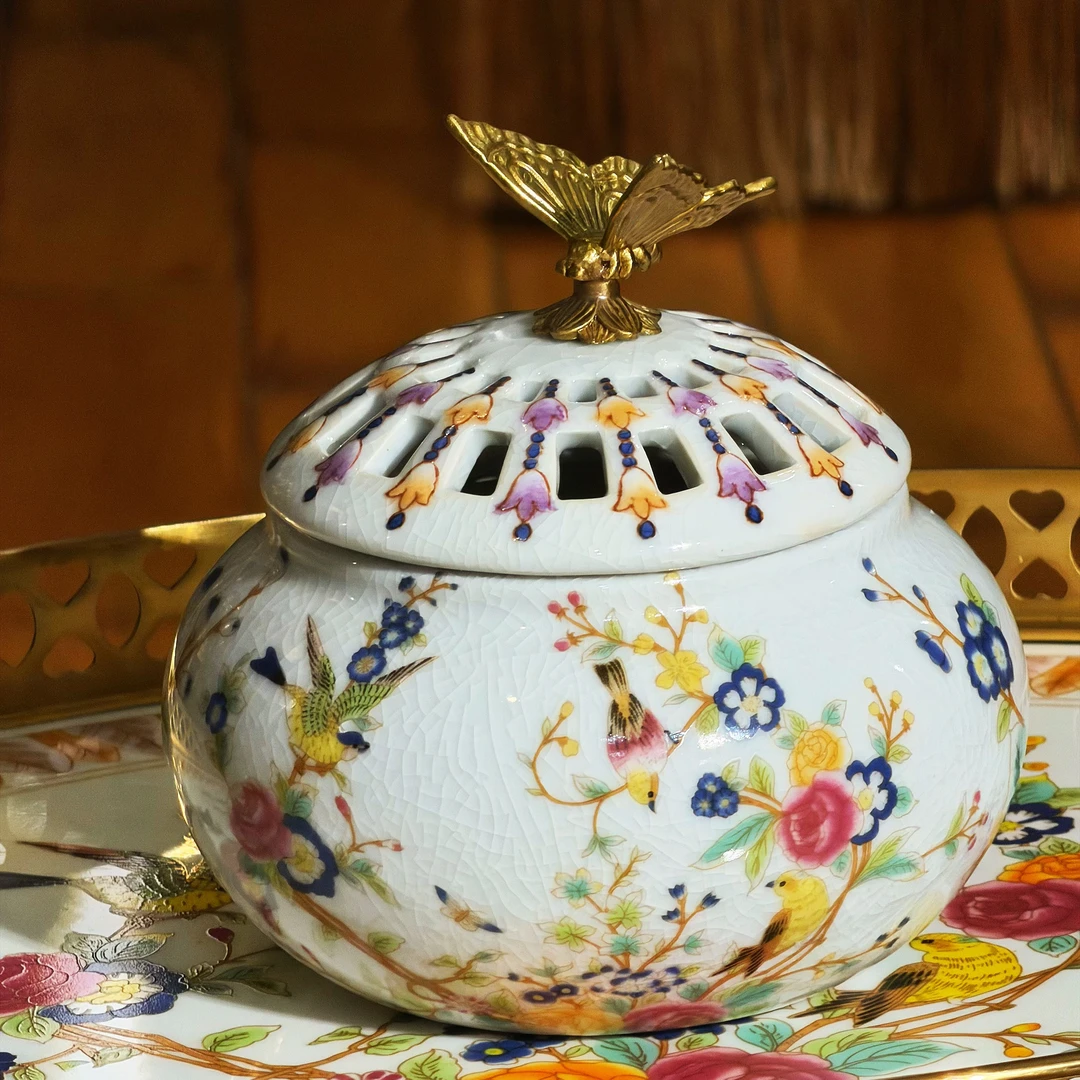 铜镶瓷蝴蝶香炉书房桌面香薰炉玄关装饰摆件