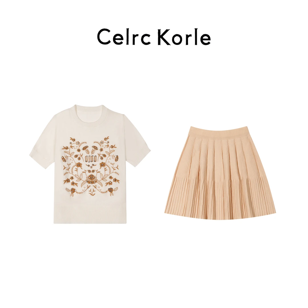 【138】2025夏季新款设计感T恤女刺绣百搭半袖修身显瘦钉珠时尚套装