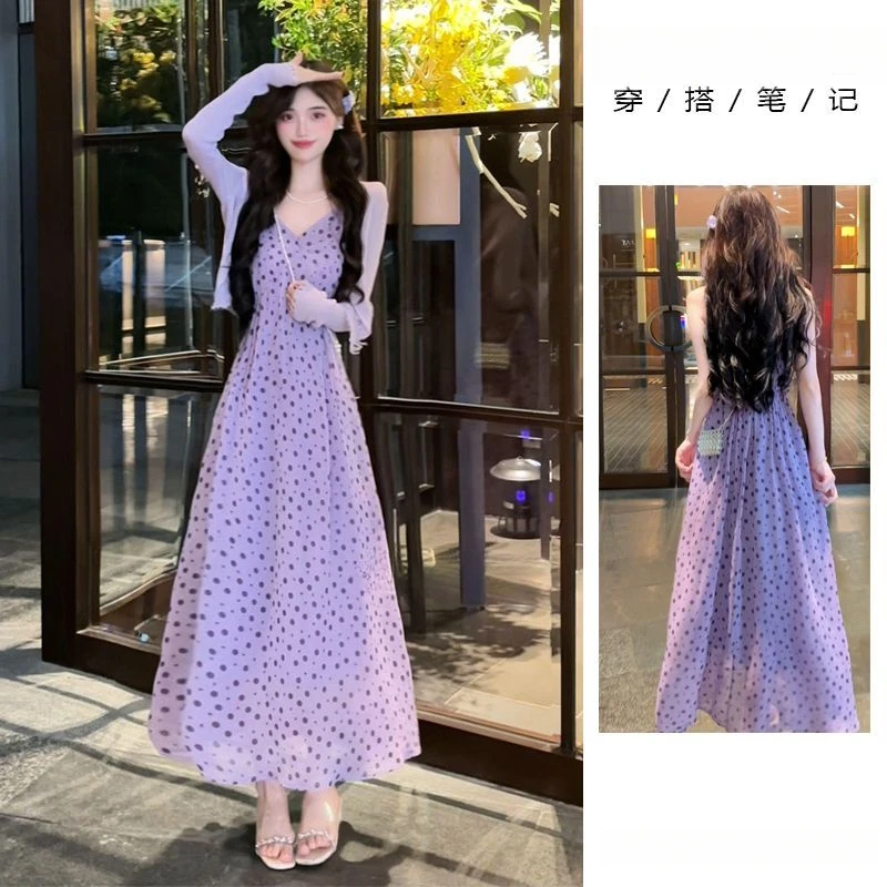 甜辣风领波点吊带连衣裙套装女夏长袖开衫上衣辣妹收腰长裙