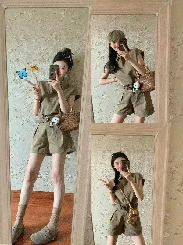 美奈美衣 法式复古高级感衬衫上衣搭配直筒工装短裤套装