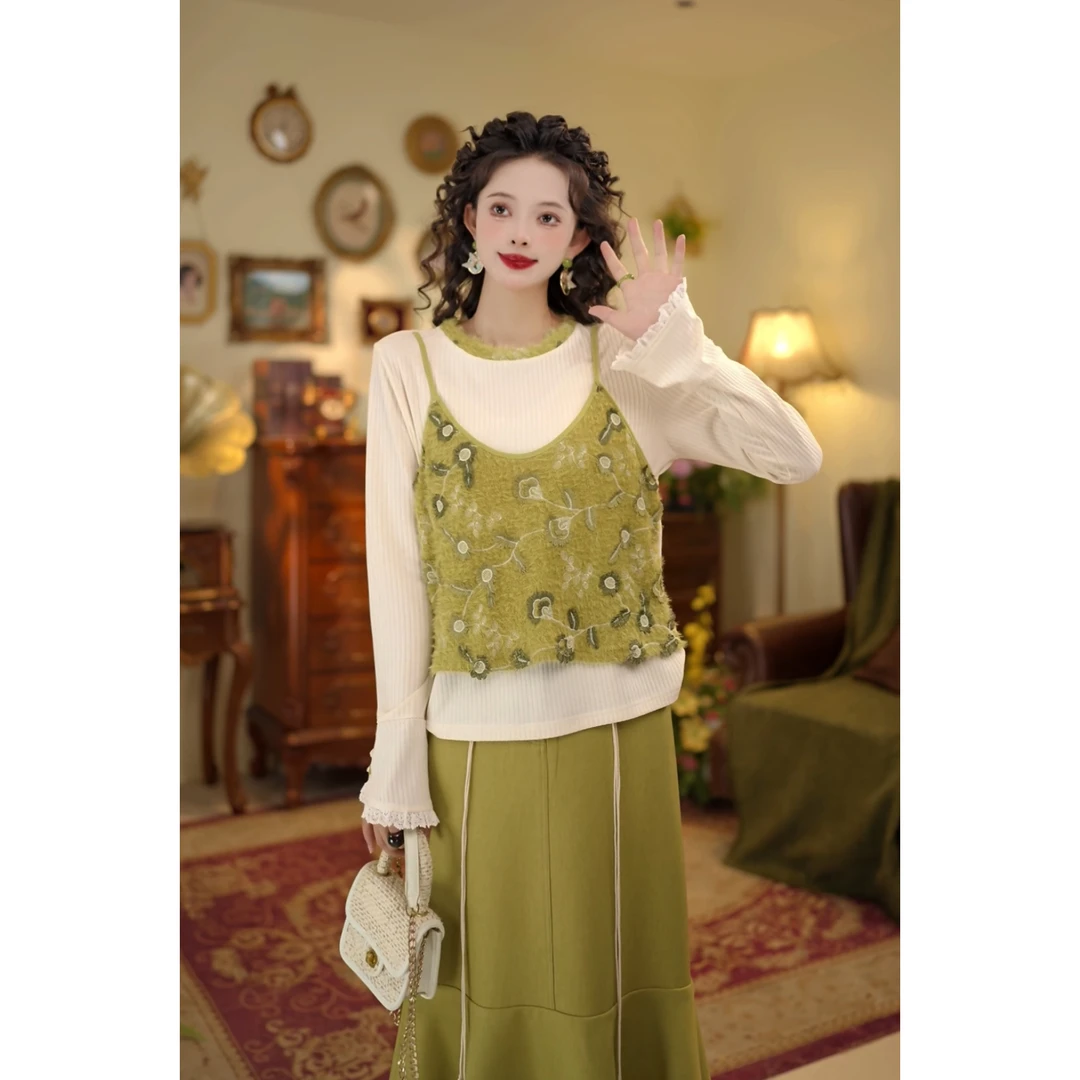 扣子家【茉莉花开】港风复古假两件拼接长袖圆领T恤KK0726368