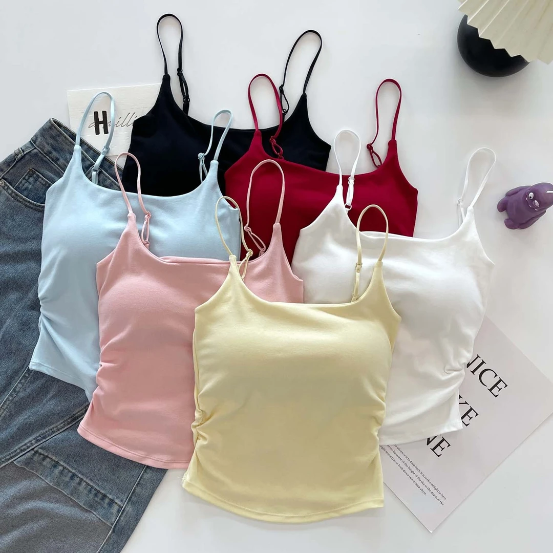 纯欲欧若风设计感褶皱吊带背心女外穿内搭带胸垫修身美背短款上衣