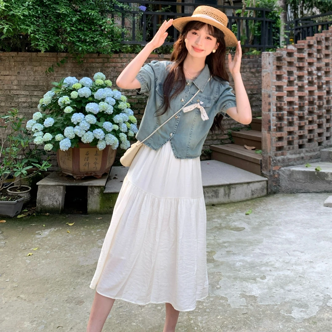 【小铃铛】TU26036蝴蝶结牛仔上衣配蛋糕长裙新款百搭设计款